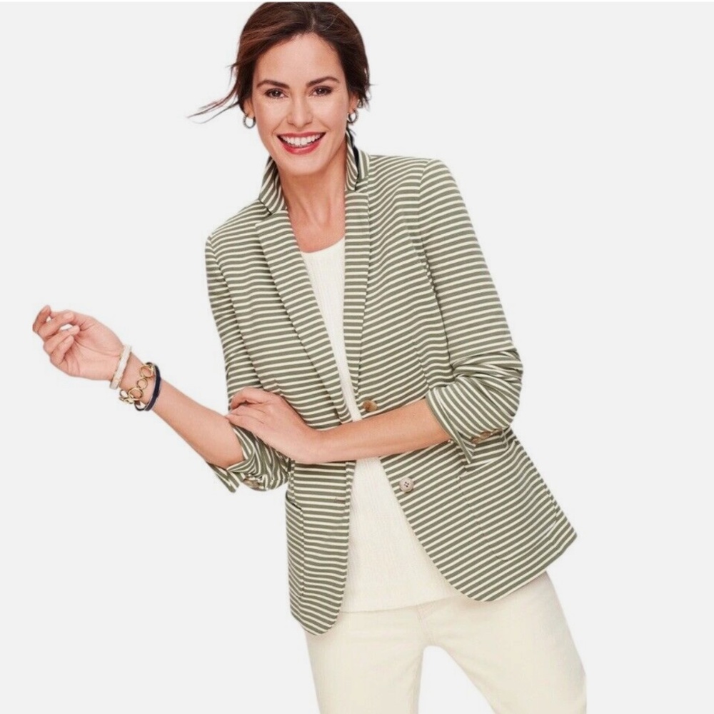 Talbots Aberdeen Knit Blazer Green and White Stripes 3/4 Sleeves, Size 4